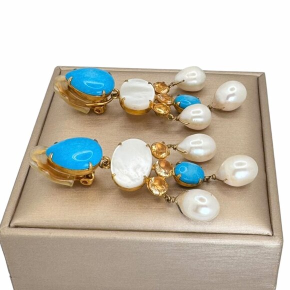 Bounkit Chandelier Earrings 14K Gold Plated Turquoise Pearls Clip-On 2-Ways - Picture 5 of 9